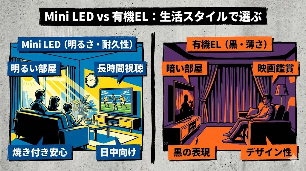 REGZA Z990Rを検討する際、多くの人が迷うのが「有機ELと比べてどうなのか？」という点です。 ここでは、画質の優劣ではなく、生活スタイルに合うかどうかという視点で整理します。