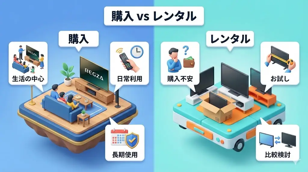 REGZA Z990Rのような高価格帯テレビは、「本当に自分に合うかどうか」で満足度が大きく変わります。 そこで考えたいのが、購入とレンタル、どちらが自分に向いているかという視点です。