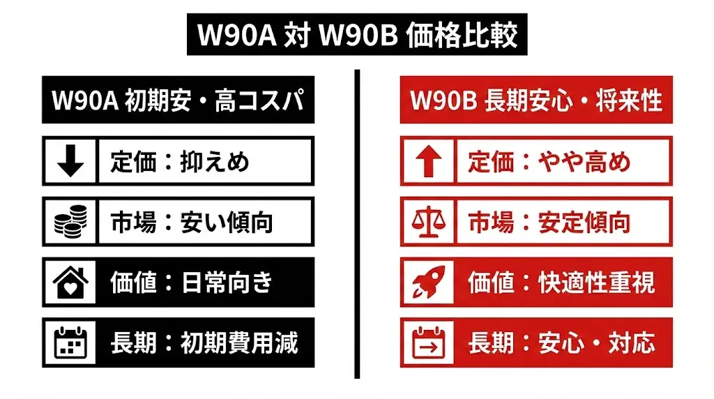 W90AとW90Bを選ぶうえで、多くの方が最も気になるのが価格差とコスパです。 ここでは発売時の価格から現在の相場、長期的な視点まで含めて整理します。