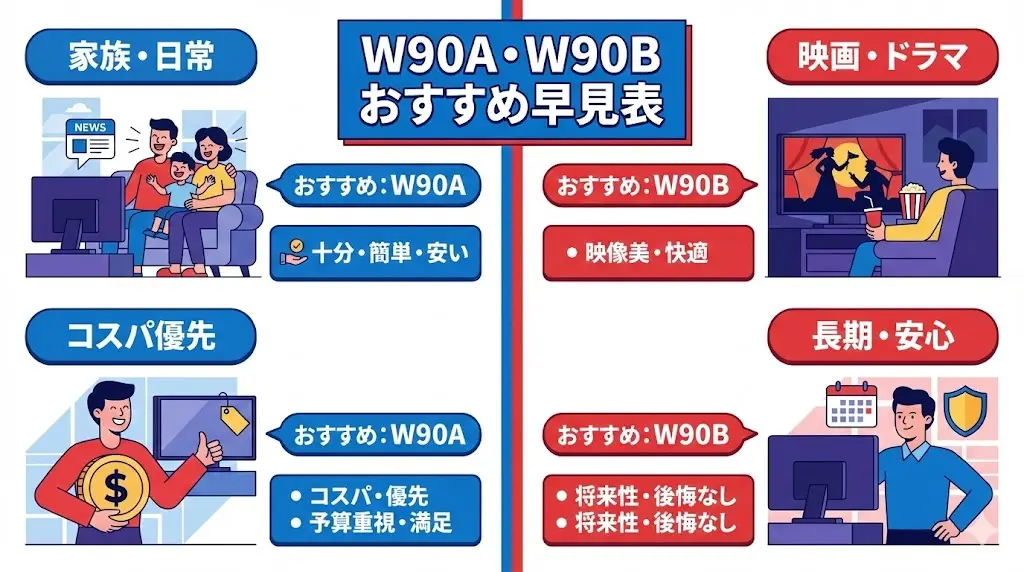 使用シーン別｜W90A・W90Bおすすめ早見表