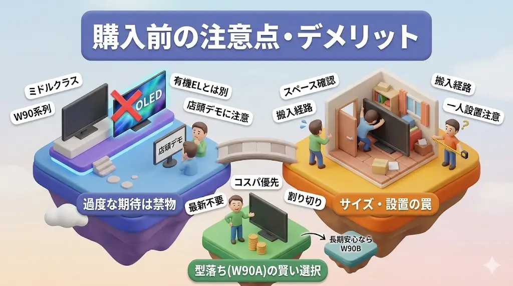 W90A・W90Bはいずれも完成度の高いテレビですが、どんな製品にも注意点はあります。 ここでは、購入後に「思っていたのと違った」と感じやすいポイントを正直にまとめます。