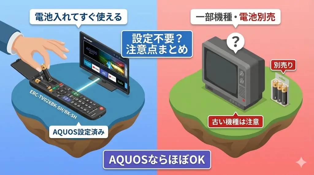 ERC-TV02XBK-SHとERC-TV02BK-SHは、シャープのAQUOS向けにあらかじめ設定されたリモコンのため、基本的に面倒な登録作業は必要ありません。