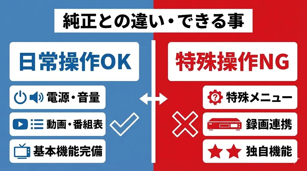 ERC-TV02XBK-SH・ERC-TV02BK-SHは、日常使いに必要な操作をしっかりカバーしていますが、純正リモコンとまったく同じというわけではありません。