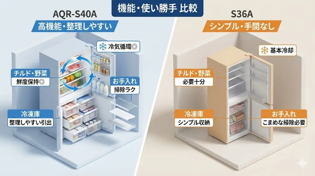 AQR-S40Aは庫内が広い分、 冷気の循環を意識した設計になっており、 食材の置き場所による冷えムラが出にくいのが特徴です。