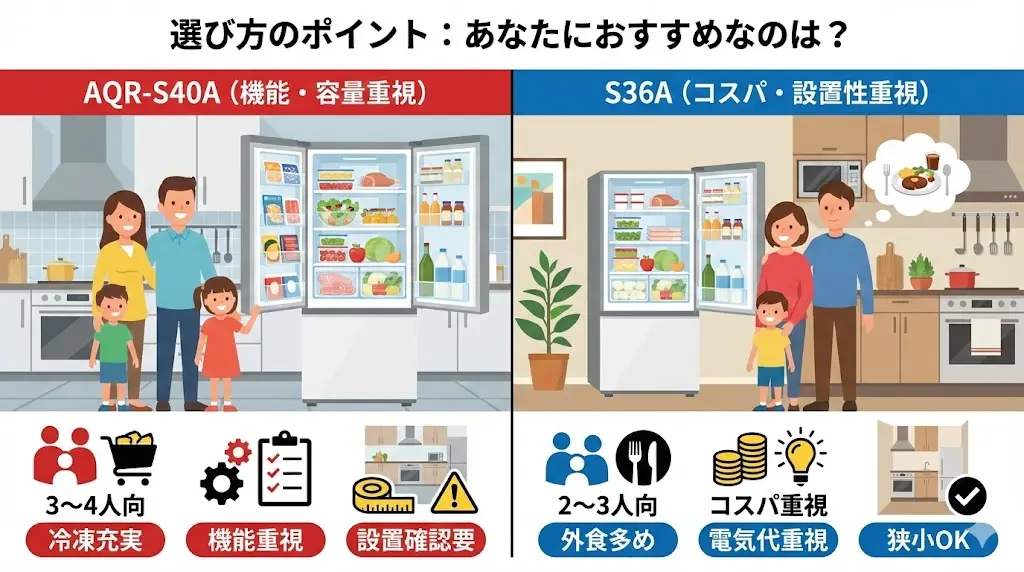3〜4人以上のファミリー世帯であれば、 AQR-S40Aの方がストレスを感じにくいケースが多いです。