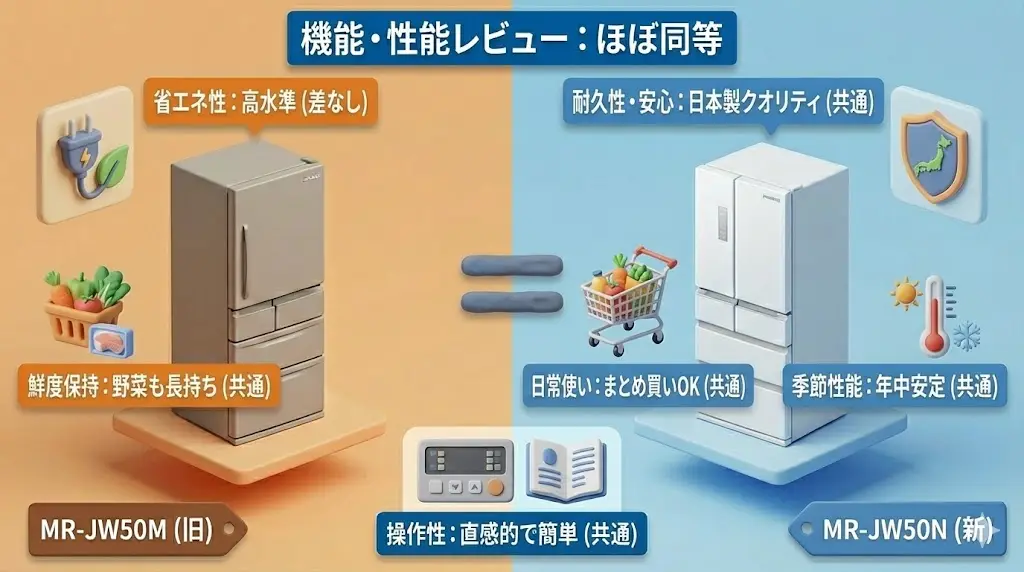 ここでは、カタログスペックだけでは分かりにくい 日常生活での使いやすさに注目して、 MR-JW50NとMR-JW50Mを見ていきます。