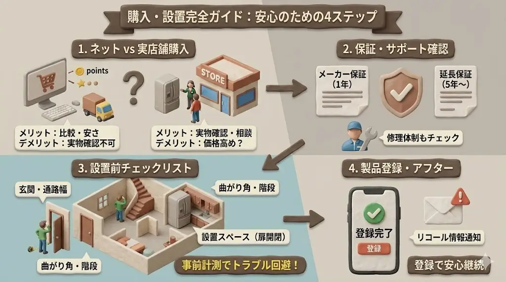 MR-JW50NとMR-JW50Mを安心して使い続けるためには、 購入時の選び方や設置準備も重要です。