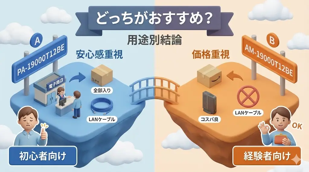 ここまでの内容を踏まえると、PA-19000T12BEとAM-19000T12BEは性能面ではどちらを選んでも差はありません。