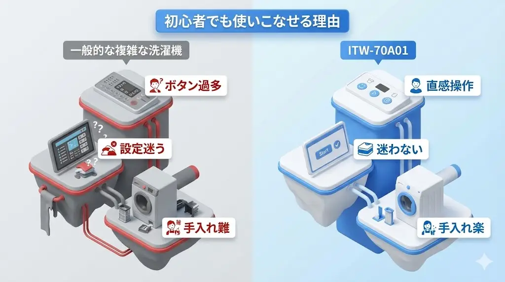 洗濯機は毎日使う家電だからこそ、「操作が難しい」とそれだけでストレスになります。 ITW-70A01は、洗濯機に慣れていない人でも迷わず使える設計です。