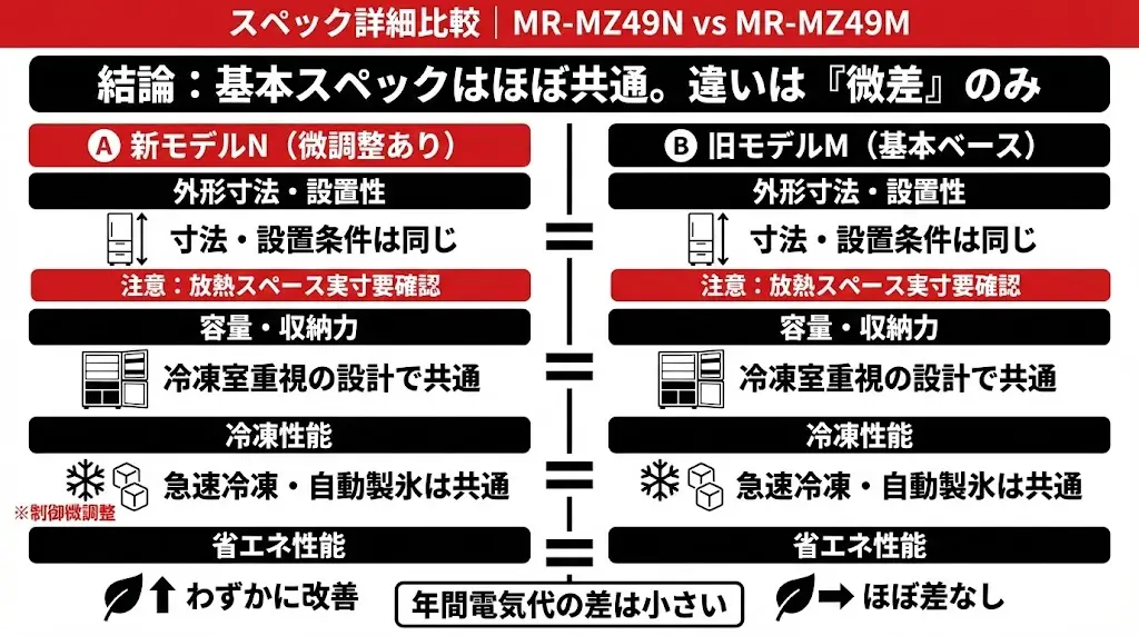 MR-MZ49NとMR-MZ49Mは、外形寸法に大きな違いはありません。
そのため、どちらを選んでも設置条件は基本的に同じと考えて問題ありません。
