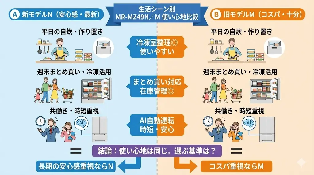 MR-MZ49N／MR-MZ49Mは、引き出し式の冷凍室で整理しやすく、
作り置きのおかずや下味冷凍を無理なく収納できる設計です。
