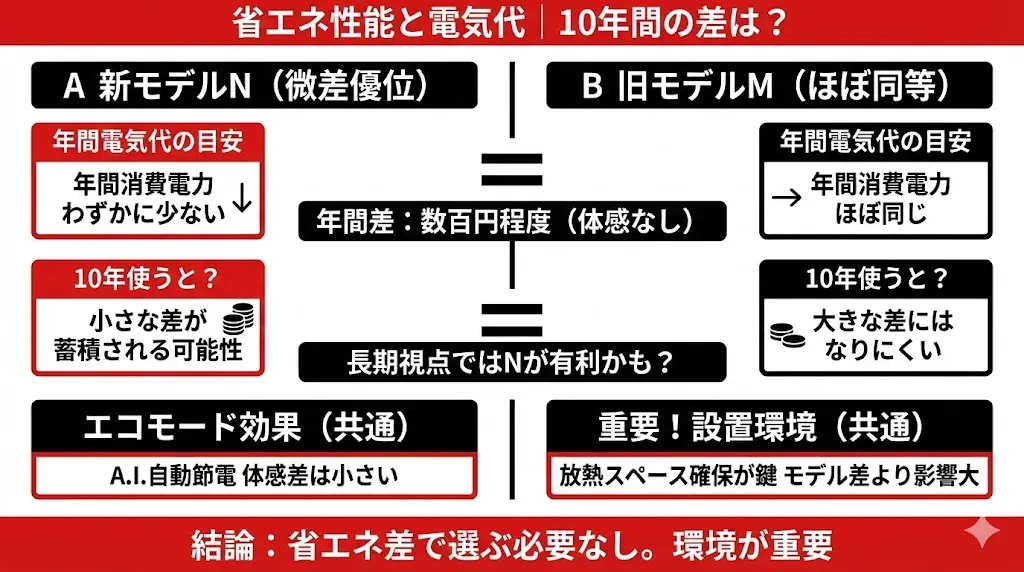 MR-MZ49NとMR-MZ49Mを比較するうえで、
「新しいNのほうが電気代はかなり安くなるの？」と気になる方も多いと思います。