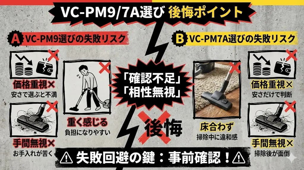VC-PM9とVC-PM7Aは、どちらも評価の高いモデルですが、選び方を間違えると「思っていたのと違った」と感じやすい部分もあります。ここでは、購入後に後悔しやすいポイントを整理します。