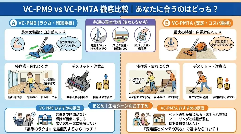 VC-PM9とVC-PM7Aは、同じVC-PMシリーズの中でも、重視しているポイントが少しずつ異なるモデルです。シリーズ全体としては、「紙パック式で扱いやすく、日常使いしやすい」ことが共通の特徴になります。