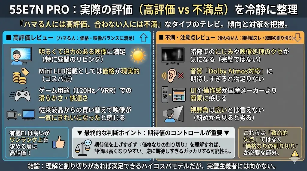あらかじめ言っておくと、55E7N PROはハマる人には高評価、合わない人には不満が出やすいタイプのテレビです。