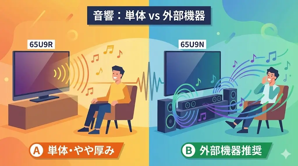 65U9Rと65U9Nの違いは、スペック表だけを見ると「確かに差はあるが、どれほど体感できるのか分からない」という印象を受けやすいポイントです。