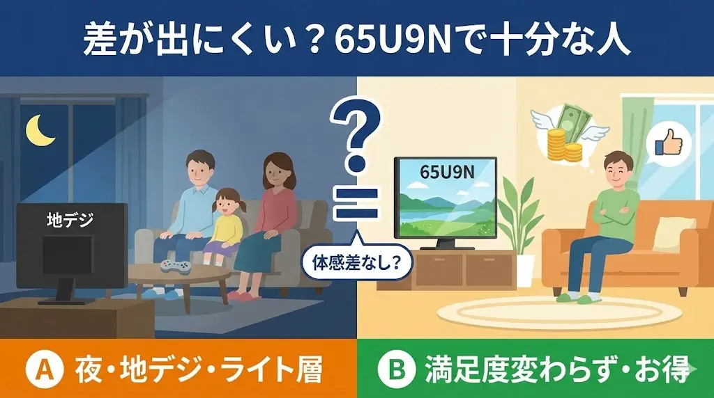 ここまで65U9Rの強みを中心に見てきましたが、使い方によっては65U9Nでも満足度はほとんど変わらないケースも多くあります。