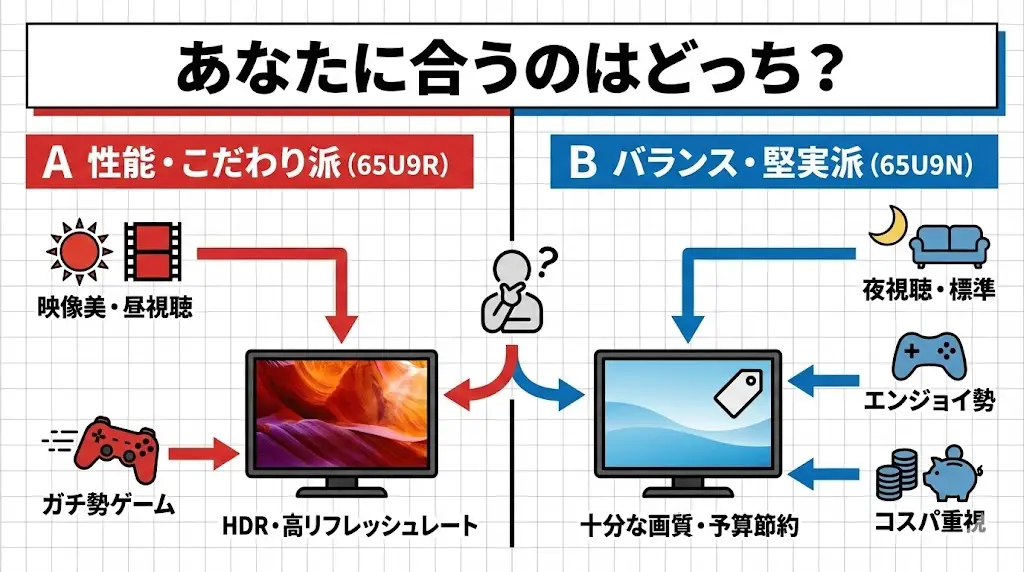 ここまでの比較を踏まえると、65U9Rと65U9Nのどちらを選ぶべきかは、使い方によってはっきり分かれます。