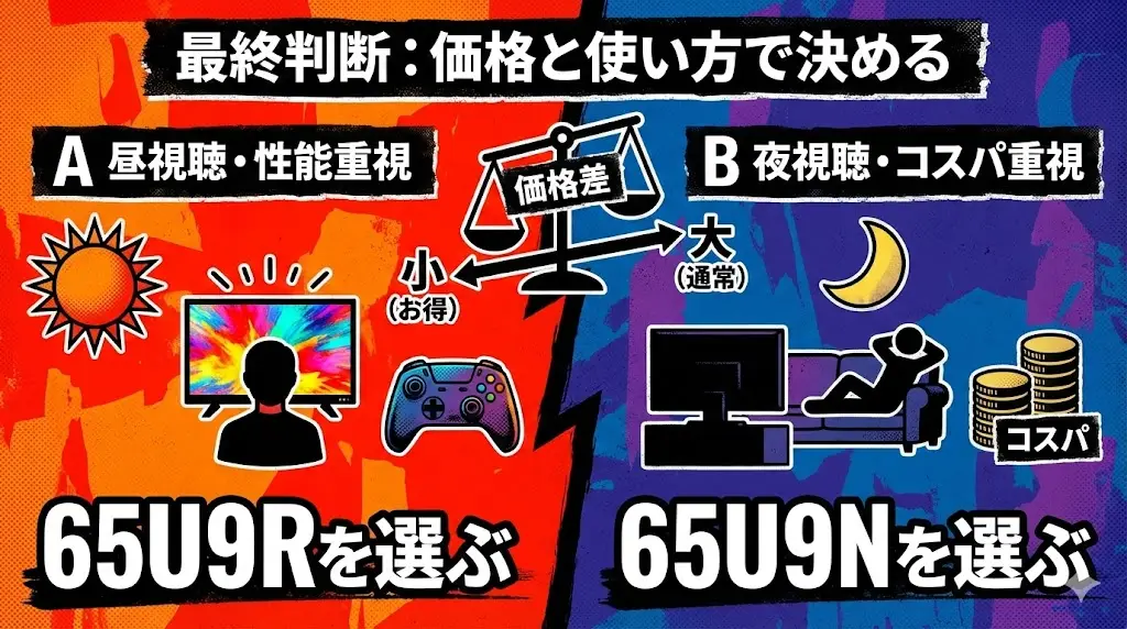 最後に、現在の価格帯とモデルの立ち位置を踏まえて、65U9Rと65U9Nの選び方を整理します。