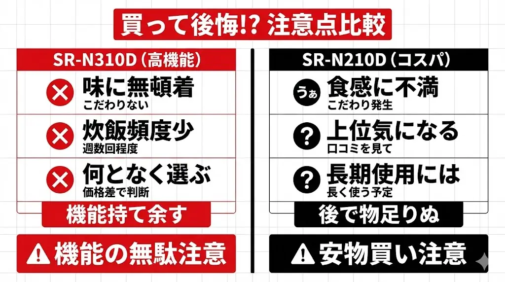 SR-N310DとSR-N210Dはどちらも評価の高い炊飯器ですが、選び方を間違えると「思っていたのと違った…」と感じる可能性があります。