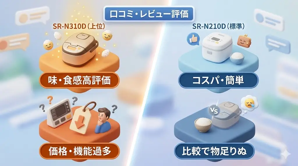 SR-N310D・SR-N210Dそれぞれの口コミをもとに、良い点・気になる点を整理します。