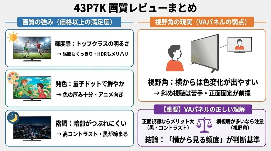 43P7Kの画質レビュー｜輝度感と階調は強いが視野角はVAの現実
