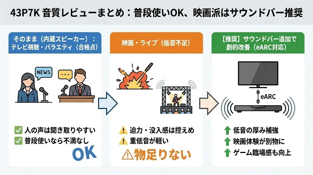 43P7Kの音質は、「普通にテレビを見る分には問題なし」という評価が妥当です。