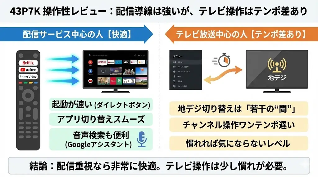 43P7KはGoogle TV搭載モデルです。配信サービス中心の人には非常に使いやすい設計になっています。

一方で、従来型テレビに慣れている方は「操作テンポの違い」を感じる可能性があります。