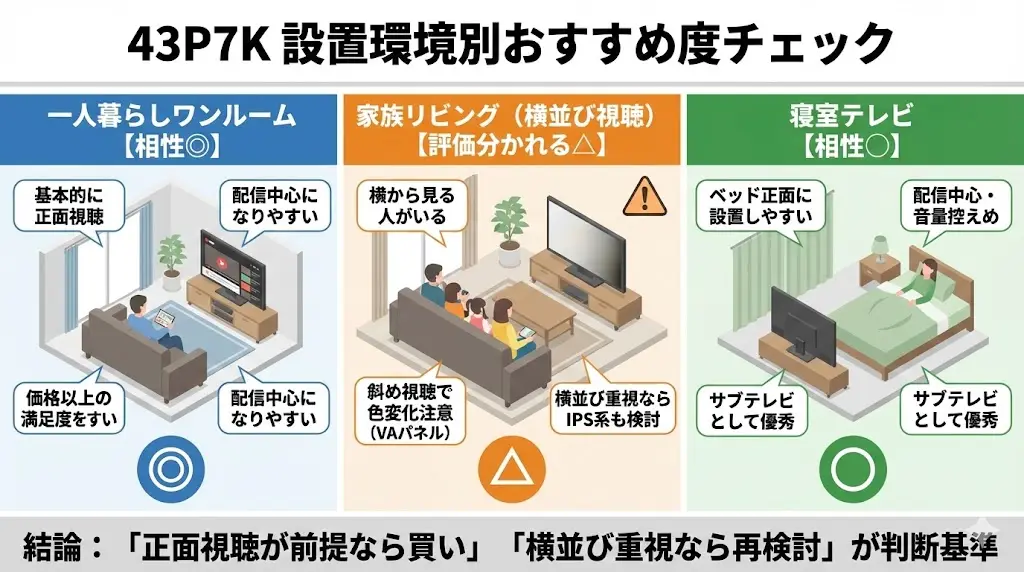 43P7Kは“人によって評価が変わるテレビ”です。

視聴位置と使い方で満足度が大きく変わります。