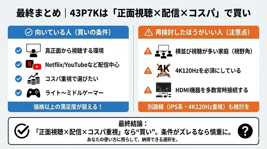 43P7Kは「条件が合えば非常にコスパの高いテレビ」です。