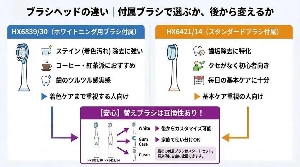 HX6839/30とHX6421/14では、付属しているブラシの種類が異なります。ここを理解しておくと、選び方がぐっと明確になります。