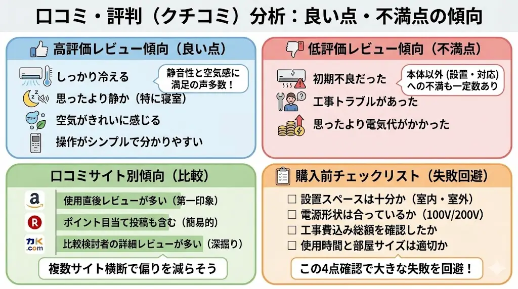 特に22クラスは寝室利用も多く、静音性に満足する声が目立ちます。 また、プラズマクラスターによる「空気の違い」を評価する人もいます。