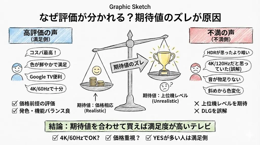 TCL P7K 43は、レビューを見ると

「コスパ最高！」という声と、「思ったほどではない」という声が混在

しています。 これは品質が不安定だからではなく、 “期待値のズレ”が原因であることがほとんどです。