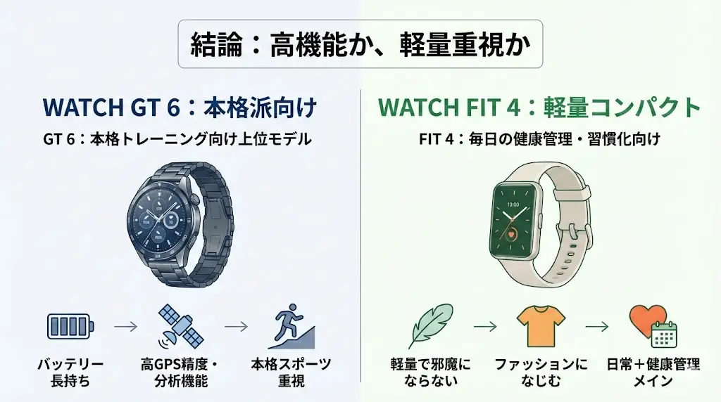 両モデルの違いを一言でまとめると、以下の通りです。 WATCH GT 6：本格派向け。バッテリー長持ち・高機能・プレミアムデザイン WATCH FIT 4：軽量コンパクト。日常使いしやすく価格も抑えめ