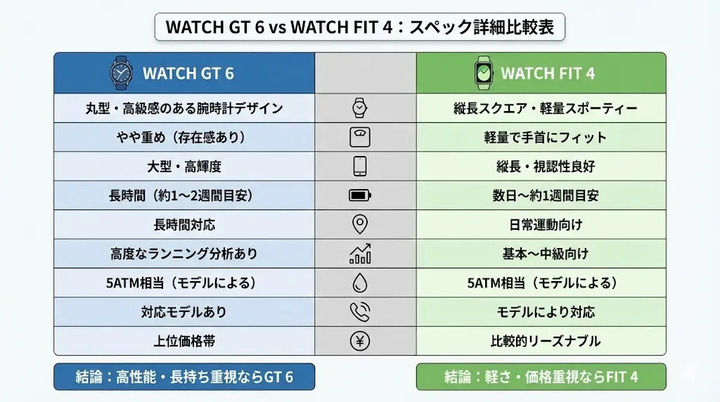 「高性能・長持ち重視ならGT 6」「軽さ・価格重視ならFIT 4」という違いが明確です。