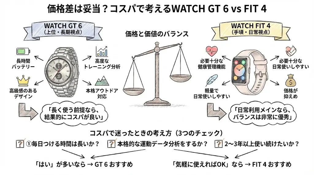一般的に、WATCH GT 6は上位モデル価格帯、WATCH FIT 4は比較的手に取りやすい価格帯に設定されています。