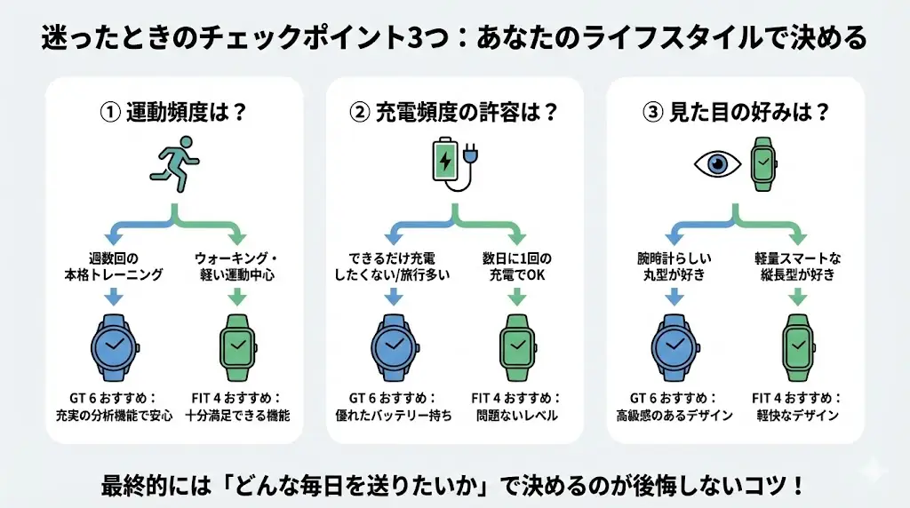 週に数回ランニングや本格的なトレーニングをするなら、分析機能が充実したGT 6が安心です。 一方、ウォーキングや軽い運動が中心なら、FIT 4でも十分満足できます。