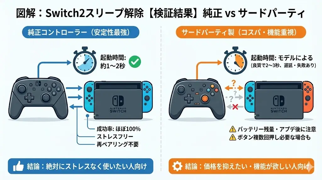 実際に複数のSwitch2対応コントローラーを使い、スリープ解除の挙動を検証しました。
スペック表だけでは分からない、リアルな使用感をまとめます。