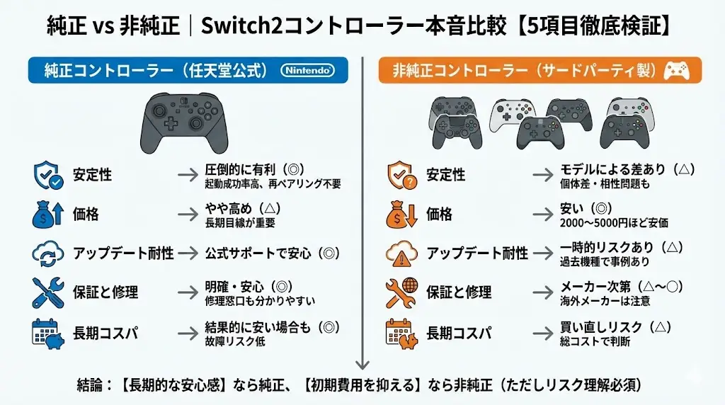 Switch2のシステムアップデート後、非純正が一時的に使えなくなる事例は過去機種でもありました。
純正は当然ながら公式サポート対象なので、安心感があります。