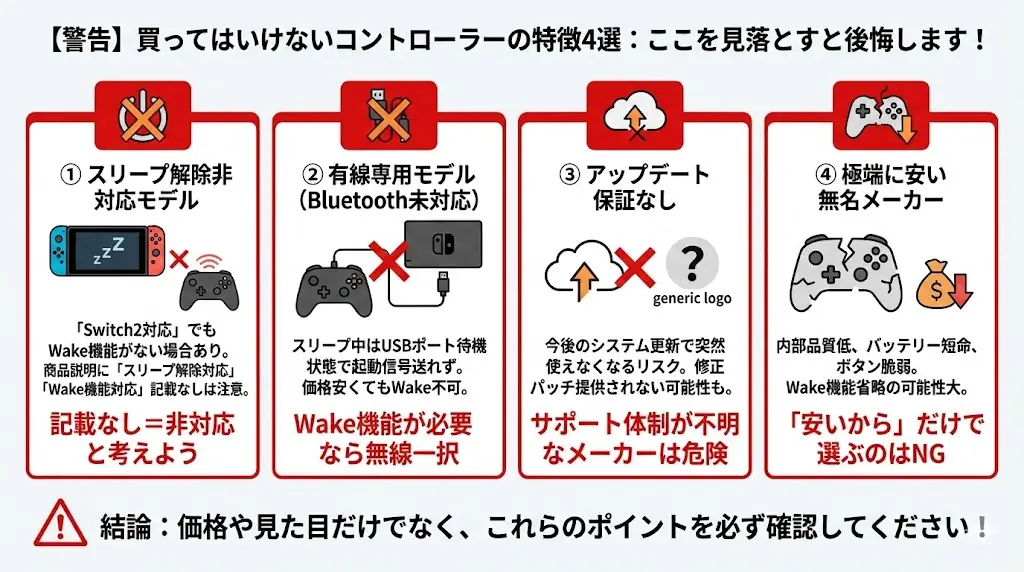 もっとも多い失敗がこれです。
「Switch2対応」と書いてあっても、Wake機能に対応していないモデルは存在します。