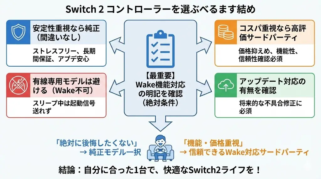 Switch2のスリープ解除対応コントローラー選びで最も重要なのは、「Wake機能対応の明記があるかどうか」です。