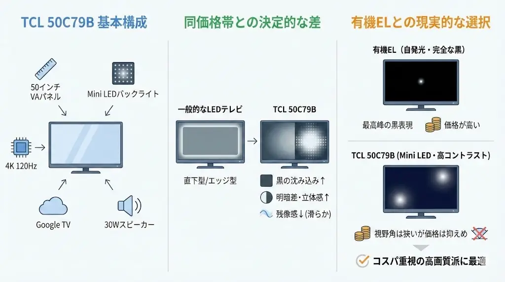 TCL 50C79Bの基本スペックと立ち位置
