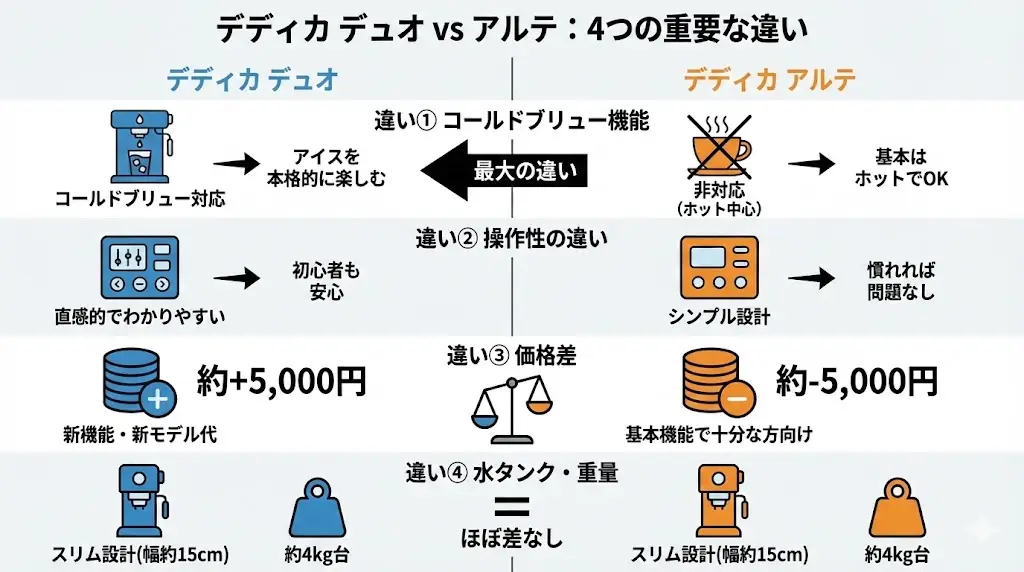 デディカ デュオ-アルテ比較スペック上は似ている2モデルですが、実際の使い方や満足度に影響するポイントには違いがあります。