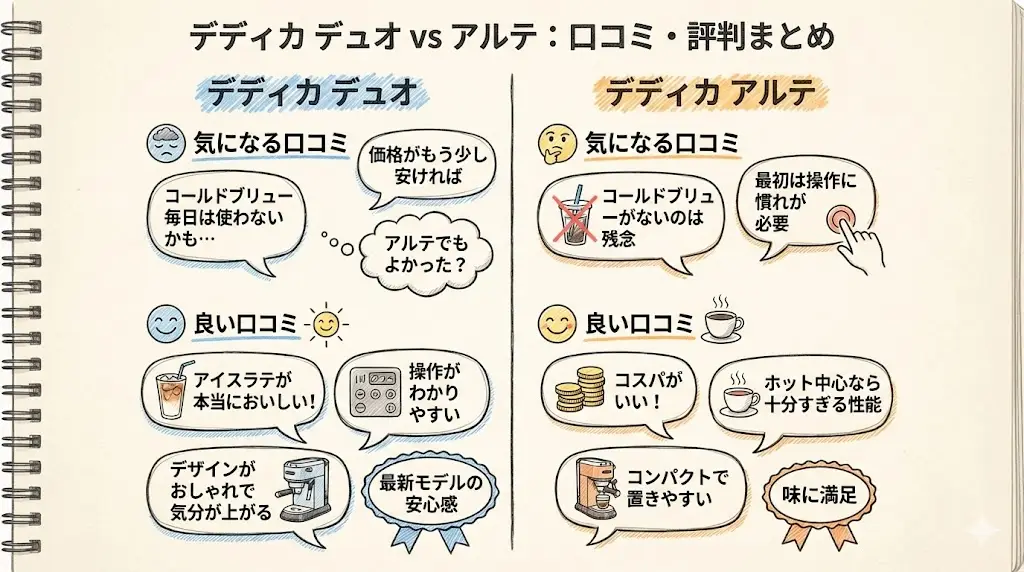 デディカ デュオ-アルテ比較スペックだけではわからないのが、実際の使い心地。
ここでは、デディカ デュオとアルテそれぞれの口コミをまとめました。