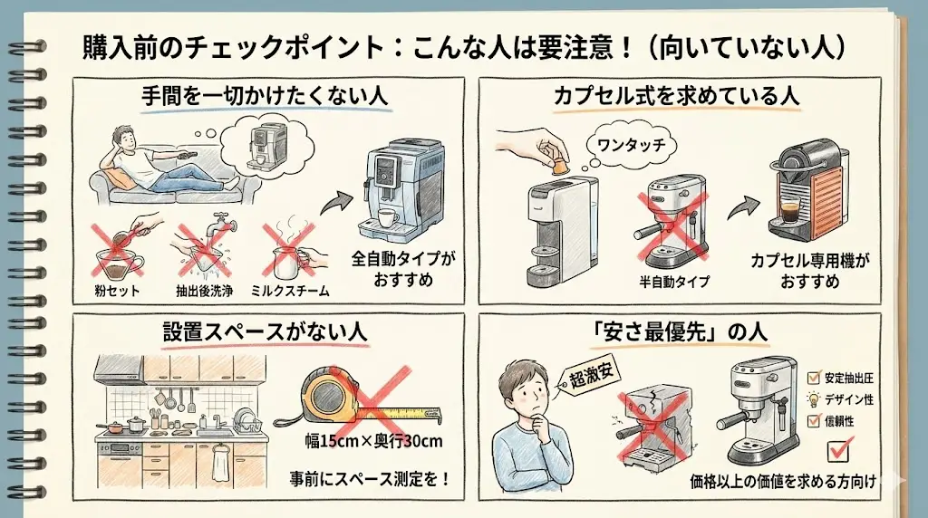 デディカ デュオ-アルテ比較どちらも魅力的なモデルですが、正直にお伝えすると「向いていない人」もいます。
購入後に後悔しないためのチェックポイントを確認しておきましょう。