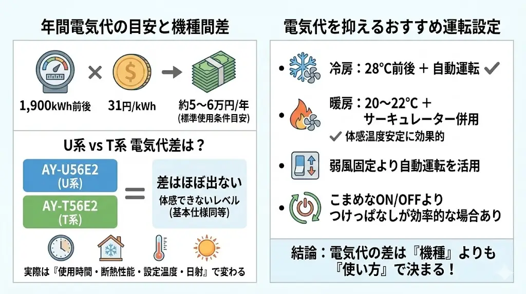 AY-U56E2とAY-T56E2の違い18畳エアコンの電気代は高い?年間コストの目安