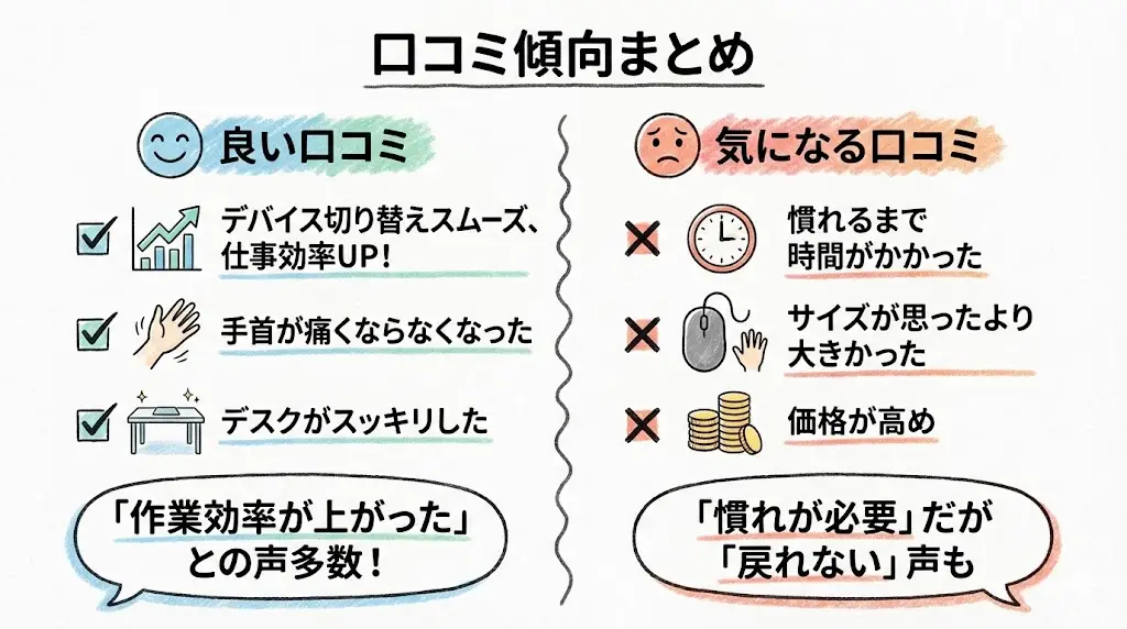気になる口コミ
「慣れるまで時間がかかった」
「サイズが思ったより大きかった」
「価格が高め」

トラックボールは通常マウスと操作感が異なるため、最初の1〜2週間は慣れが必要という意見も見られます。