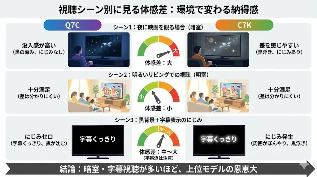 「Q7CとC7K、どっちを選べば後悔しないの？」スペックの違いが「実際にどれくらい体感できるのか？」は、視聴環境によって大きく変わります。 ここが、価格差に納得できるかどうかの分かれ目です。