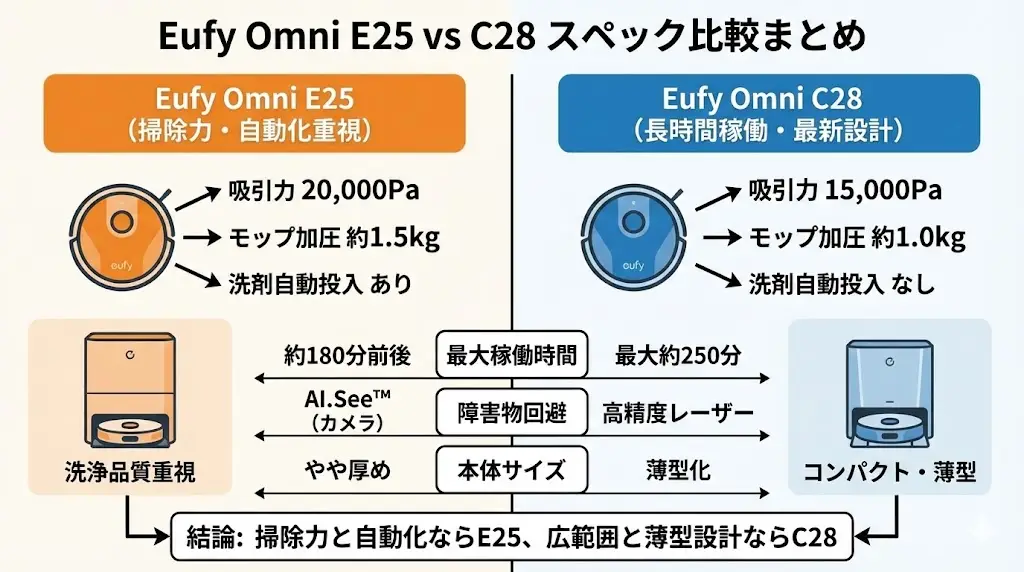 【一覧表】Eufy Omni E25とC28のスペック比較まとめ