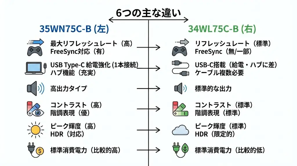 まず結論|35WN75C-Bと34WL75C-Bの6つの違い